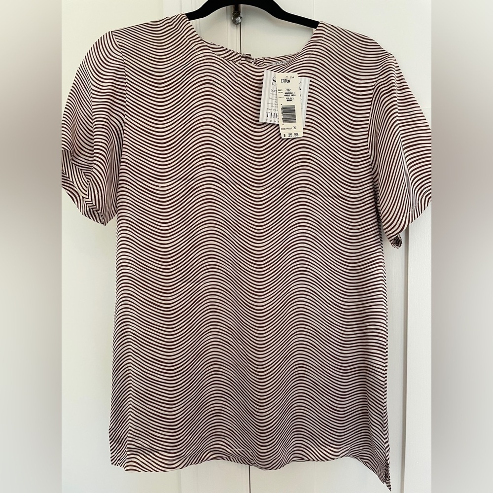 Vintage Silk Wavy Brown Stripe Flowy Short Sleeve Blouse T Shirt | S